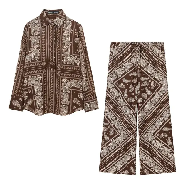 Straight Loose Printed Casual Shirt With Mid waist Floor length Wide leg Pants Suit - Shop at LoveMi