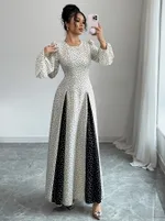 Black And White Patchwork Print Slim-waist Flared Sleeve Long Dress - White