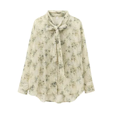 European And American Women's Clothing French Floral Tie Bow Long sleeved Shirt Floral - Shop at LoveMi