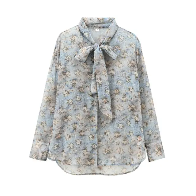 European And American Women's Clothing French Floral Tie Bow Long sleeved Shirt Light Blue - Shop at LoveMi