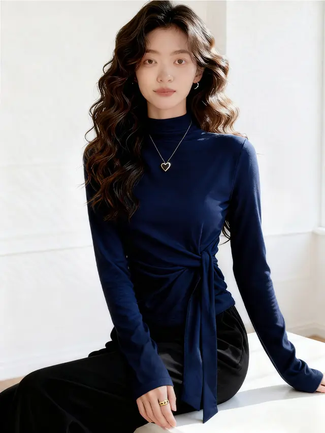 Semi high Neck Solid Color Top Waist cinching Innerwear Knitted Base Shirt Dark Blue - Shop at LoveMi