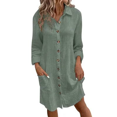 Linen Button down Mid length Long sleeve Shirt Casual Dress Green - Shop at LoveMi