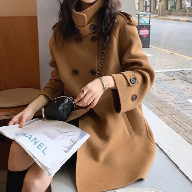 Petite Korean style Thickened Double faced Cashmere Coat Khaki - Shop at LoveMi
