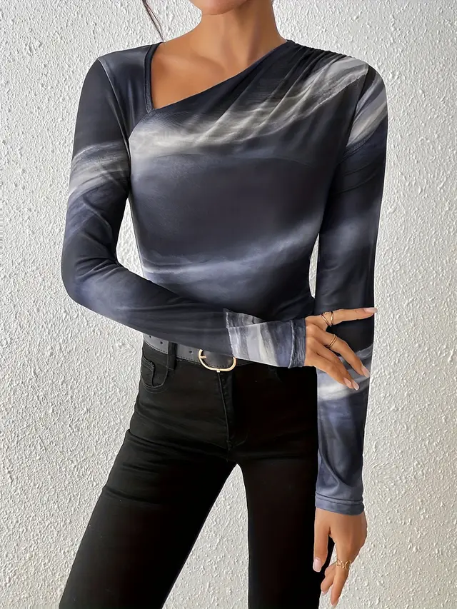 Spring And Autumn Women's Gradient Slimming Oblique Neck Base Shirt Slabstone Gray - Shop at LoveMi