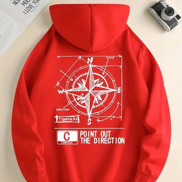 Fashion Green Compass Pattern Hoodie Casual Autumnwinter Pullover With Drawstring Kangaroo Pocke Red - Shop at LoveMi