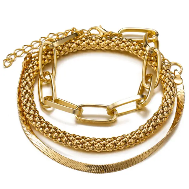 Snake Bone Chain Multi layer Bracelet Creative Retro 3 piece Set Gold - Shop at LoveMi