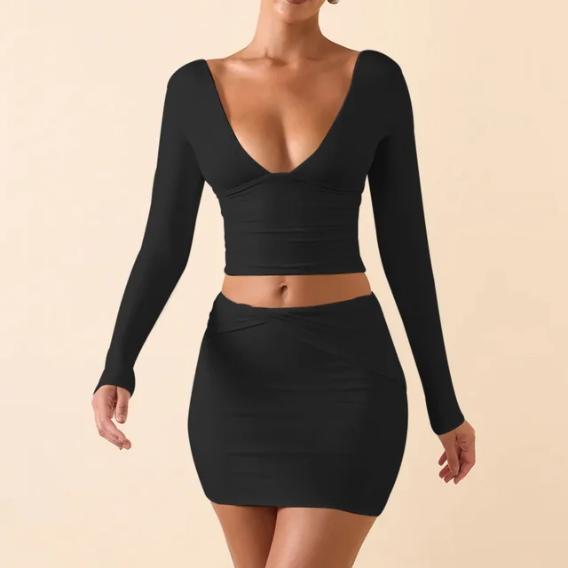 Women's Sexy V neck Backless Long sleeved Top Fashionable Dress Set Black - Shop at LoveMi
