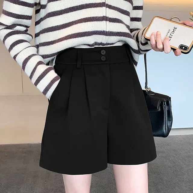 High waisted Slimming A line Versatile Quarter length Wide leg Base Pants Black - Shop at LoveMi
