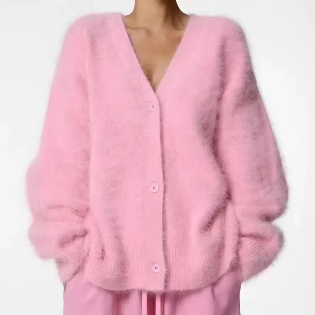 V neck Faux Mink Fur Sweater Coat Women Fluffy Knitted Cardigan Pink - Shop at LoveMi