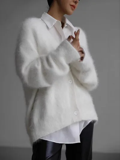 V neck Faux Mink Fur Sweater Coat Women Fluffy Knitted Cardigan White - Shop at LoveMi