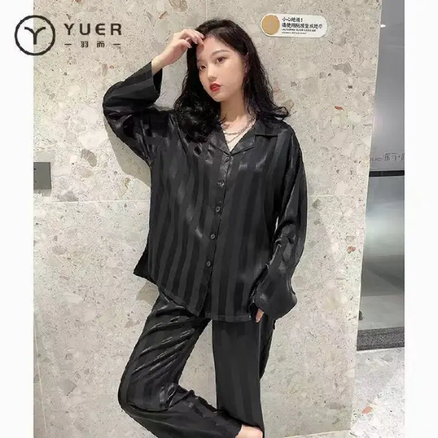 SpringAutumn Style Ice Silk Striped Jacquard Plus size Homewear Black - Shop at LoveMi