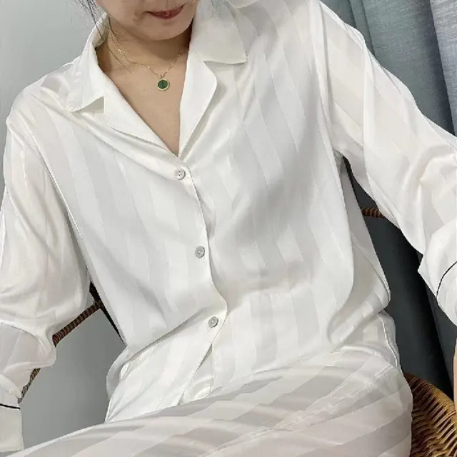 SpringAutumn Style Ice Silk Striped Jacquard Plus size Homewear White - Shop at LoveMi