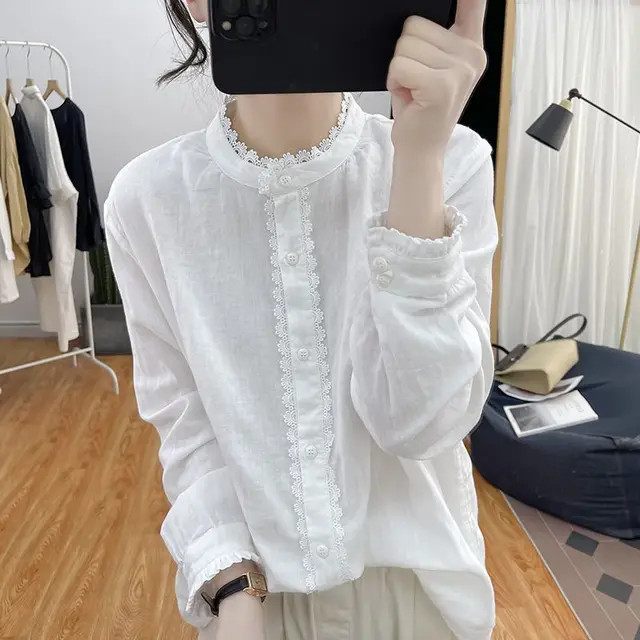 Lotus Sleeve Cotton Long Sleeve Shirt Basic Shirt White - Shop at LoveMi