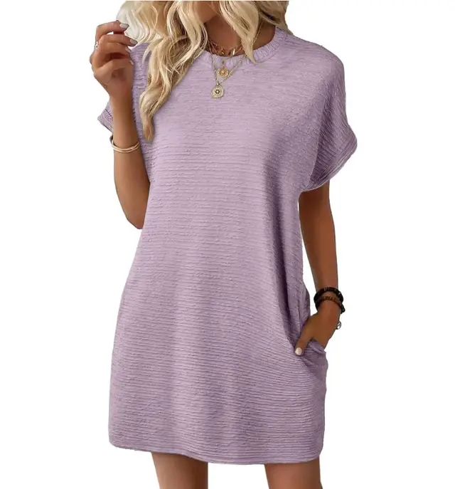 Summer New Loose Round Neck Pocket Solid Color Short Sleeve Dress Women Light Purple - Shop at LoveMi