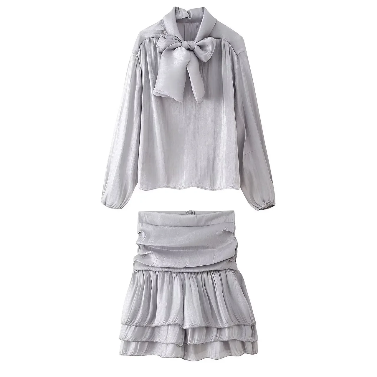 Women's Bow Tie Belted Shirt Top High Waist Shirred Skirt Two-Piece Set - Silver