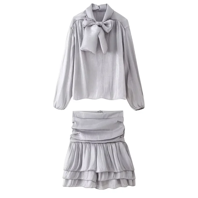 Women's Bow Tie Belted Shirt Top High Waist Shirred Skirt Two Piece Set Silver - Shop at LoveMi