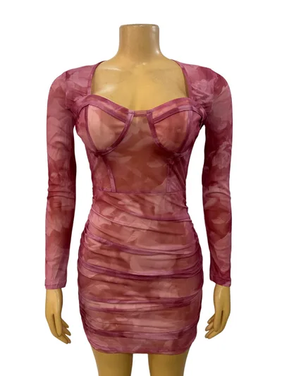 Sheer See through Low cut Sexy Pleated Long sleeve Bodycon Dress Picture Color L - Shop at LoveMi