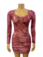 Sheer See-through Low-cut Sexy Pleated Long-sleeve Bodycon Dress - Picture Color-L - View 1