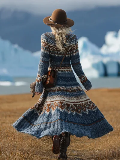 Retro Twist Long Sleeve Thick Needle Dress With A Lazy Flare Skirt Rwmycq010601 L - Shop at LoveMi