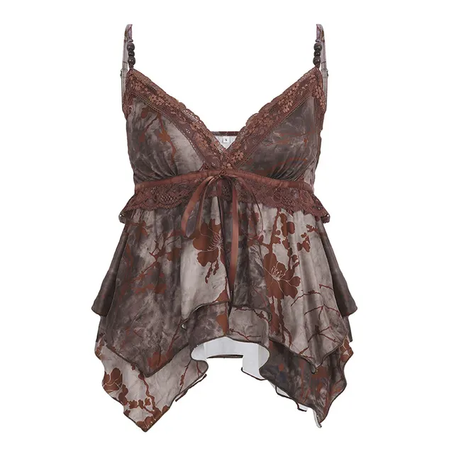 Summer V neck Waist cinching Irregular Retro Brown - Shop at LoveMi