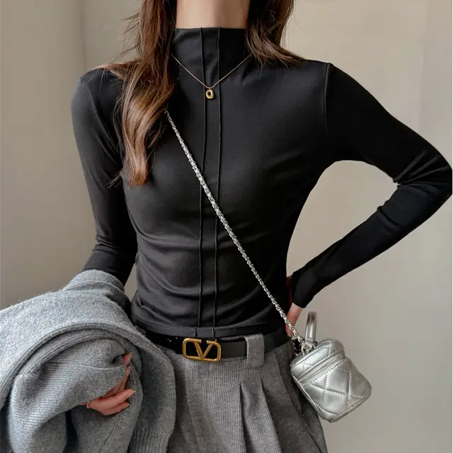 Women's Half turtle Neck Long sleeve Versatile Top Black - Shop at LoveMi