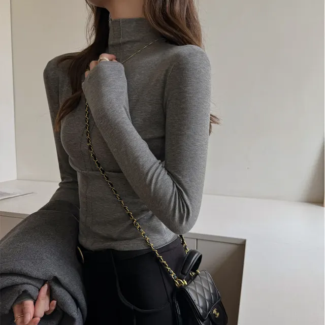 Women's Half turtle Neck Long sleeve Versatile Top Gray - Shop at LoveMi