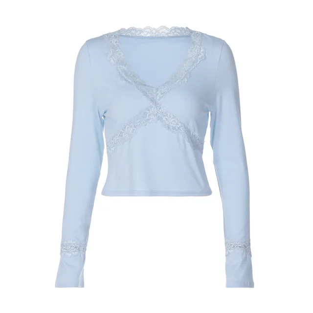 Lace Fake Two piece Long Sleeve T shirt Women Sky Blue - Shop at LoveMi