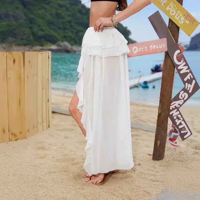Solid Color Sexy Knitted Beach Cover up Irregular Skirt White - Shop at LoveMi