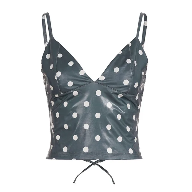 Polka Dot V neck Leather Camisole For Women, Slim fit And Versatile Blue - Shop at LoveMi