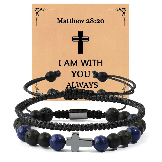 Hand woven Cross Lapis Lazuli Black Matte Volcanic Stone Beaded Bracelet Set Black Rope Braid - Shop at LoveMi