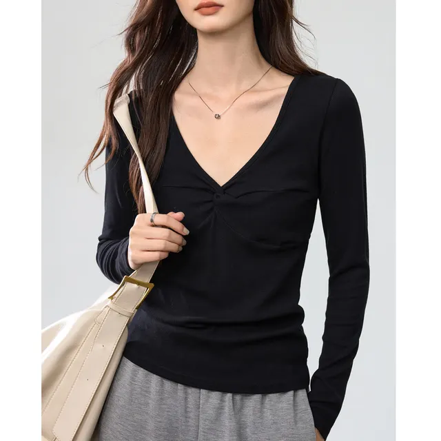 Women's Elegant Deep V neck Knot Long Sleeve Top Athens Black - Shop at LoveMi
