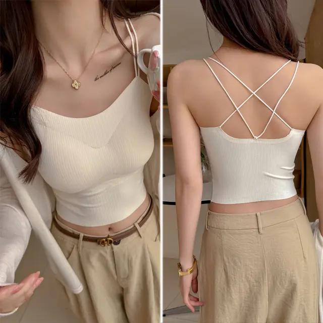 Women's Strappy Camisole Top With Built in Bra Apricot - Shop at LoveMi