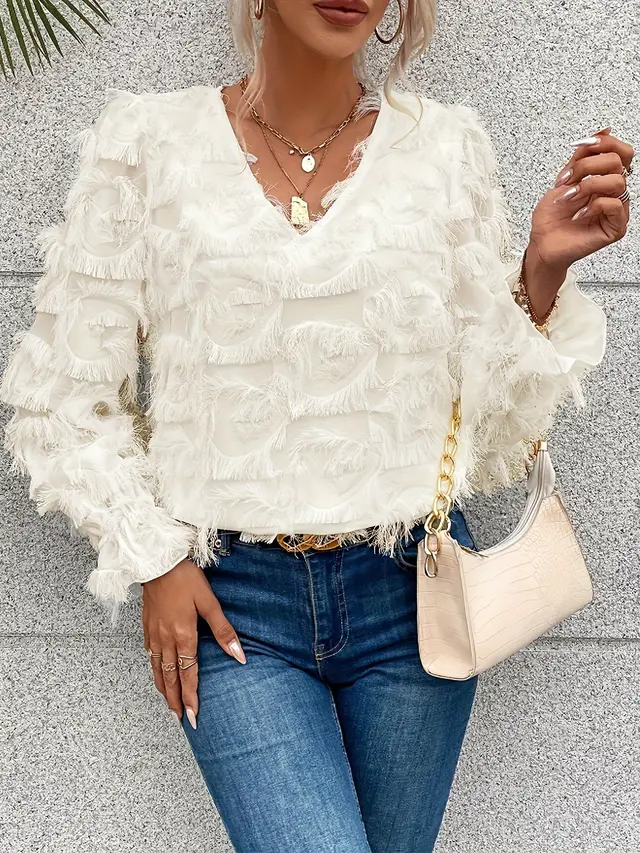 Niche Design Feather Fringe Loose Top Long Sleeve White - Shop at LoveMi