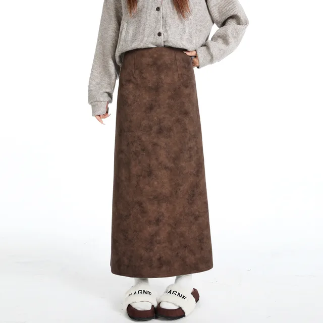 High Waist Slimming Straight Slit Tie Dye Pu Leather Skirt Brown - Shop at LoveMi