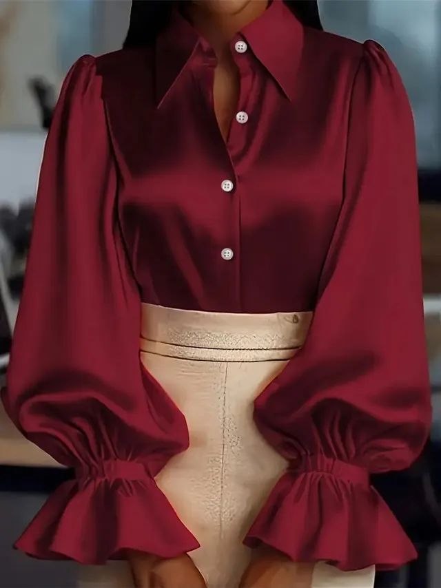 New Stylish Solid colored Bubble Sleeve Long sleeve Lapel Satin Shirt For Commuting Wine Red - Shop at LoveMi