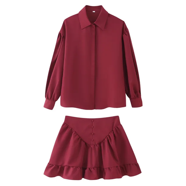 Women's Fashion Simple Lapel Shirt And Flared Skirt Set Wine Red - Shop at LoveMi