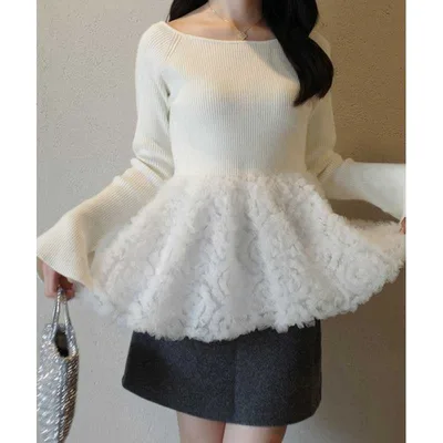 New Long sleeved Women's Knitted Patchwork Floral Embroidered Sweater White - Shop at LoveMi