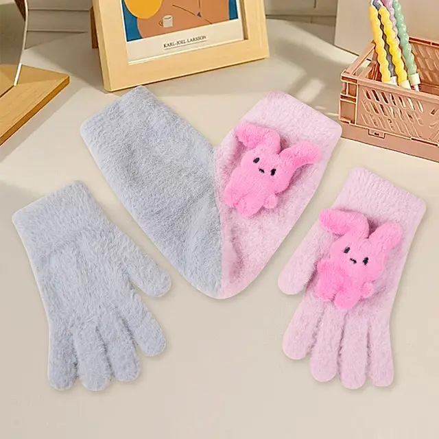 Fleece lined, Windproof, Cute Cartoon Couple's Wool Gloves Couple Gray Pink - Shop at LoveMi