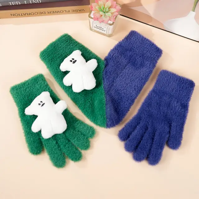 Fleece lined, Windproof, Cute Cartoon Couple's Wool Gloves Couple Green Green - Shop at LoveMi