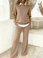 Independent Site Cross-border Button Decoration Fake Two-piece Set - Camel
