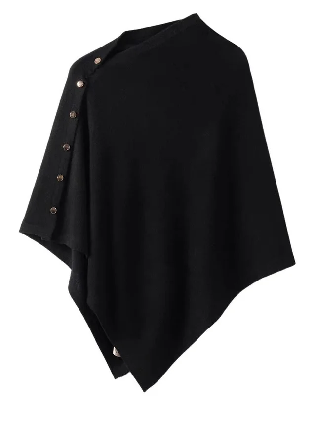 Oblique Button Loose High end Sense Shawl Cape Knit Sweater Women Black - Shop at LoveMi