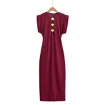 Hollow-out Shell Metal Buckle Waist-tie Long Dress - Wine