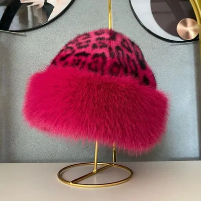 Leopard Print Mongolian Winter Fluffy Hat For Cold Weather Rose Red - Shop at LoveMi