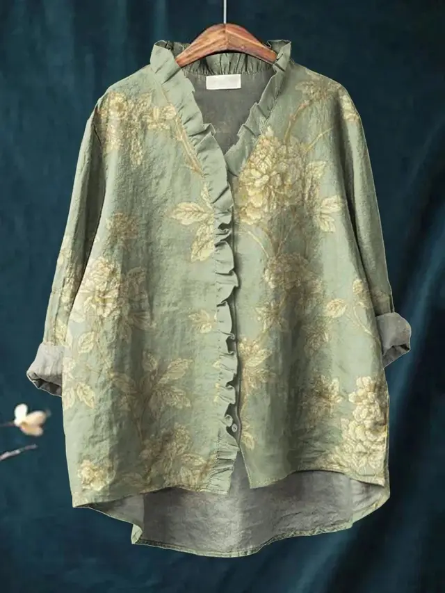 Floral Lace Collar Comfortable Casual Linen Round Neck Short Sleeve Hbsmtcs054 - Shop at LoveMi