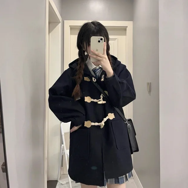 Japanese style Woolen Women's School Coat With Horn Buttons Black - Shop at LoveMi