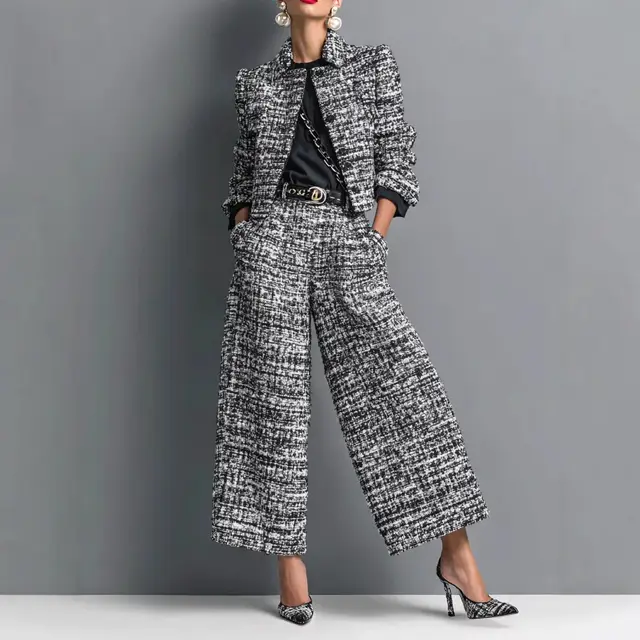 Notched Lapel Slim fit Women's Long sleeve Short Top With Wide leg Pants Set Black - Shop at LoveMi