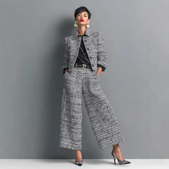 Notched Lapel Slim fit Women's Long sleeve Short Top With Wide leg Pants Set Silver Gray - Shop at LoveMi
