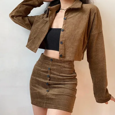 Fashion Casual Short Corduroy Jacket Skirt American Suit Brown - Shop at LoveMi