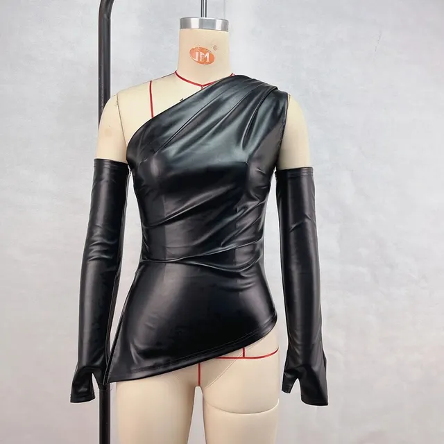 Women's Sleeveless Slant Collar PU Leather Vest With Sleeve Cover Top Set Black - Shop at LoveMi