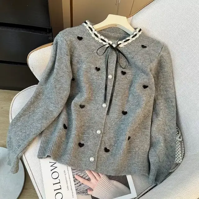 French High end Lace Trim Age reducing Love Bow Tie Sweater For Women Gray - Shop at LoveMi
